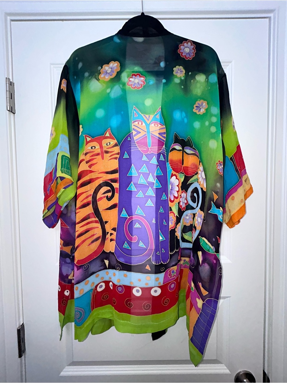 Cat Art Deco 100% Silk Open Front Sheer Kimono Statement Top - Picture 8 of 10
